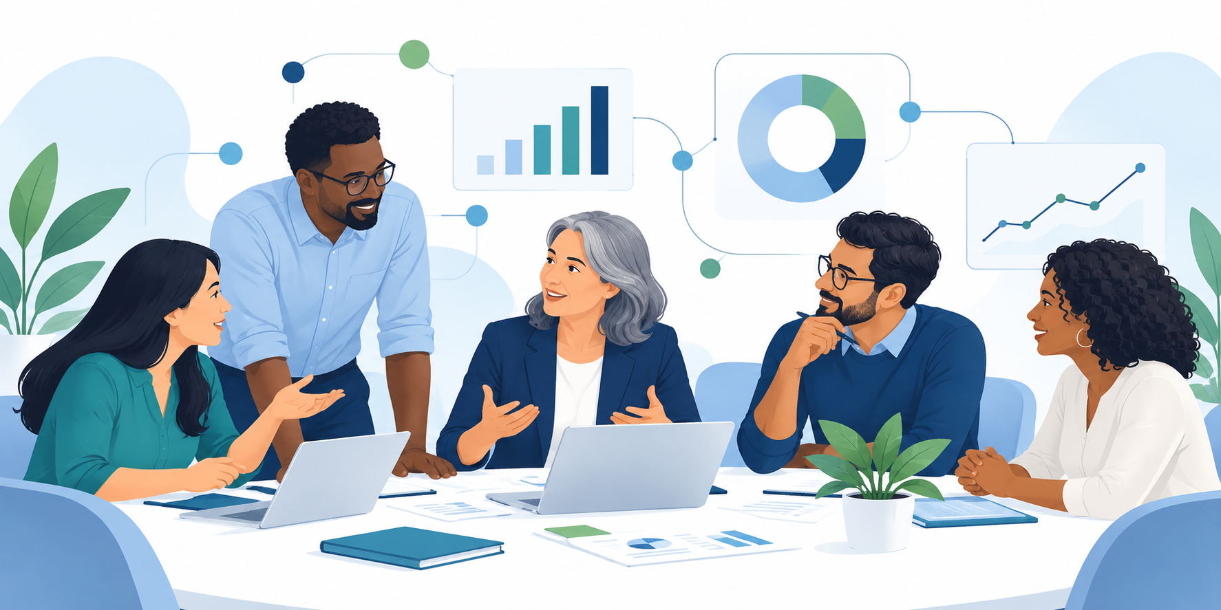 Des professionnels collaborent autour d’une table et de graphiques de données.